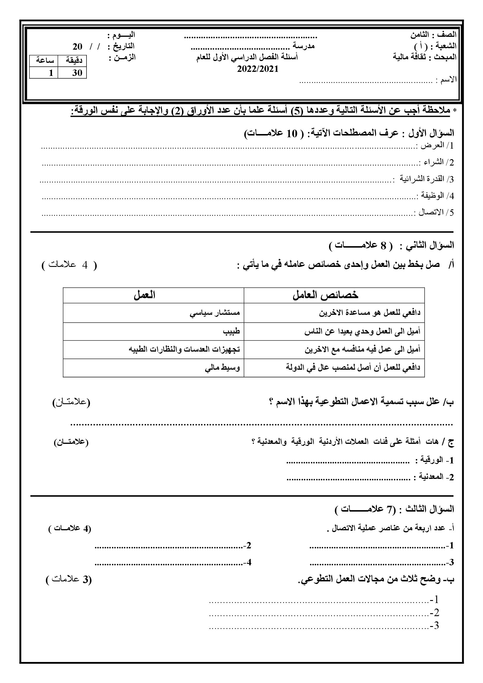 MjkwMzQzMQ1001001 امتحان نهائي ثقافة مالية للصف الثامن الفصل الاول مع الاجابات 2021